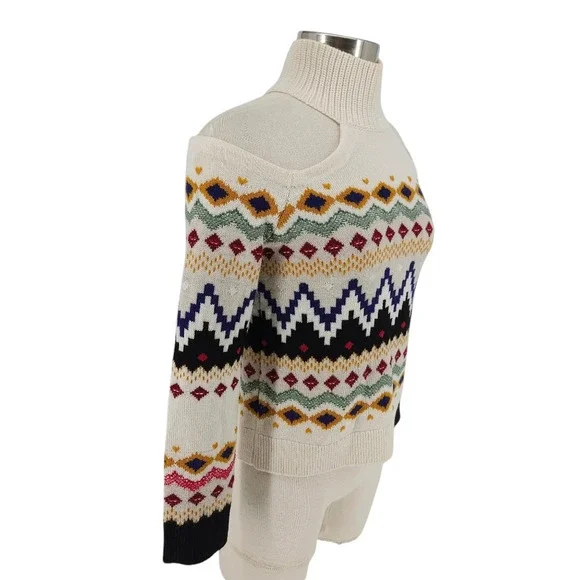 Alice + Olivia Leora Fairisle Turtleneck Wool Sweater Cold Shoulder Long Sleeve - Picture 3 of 7